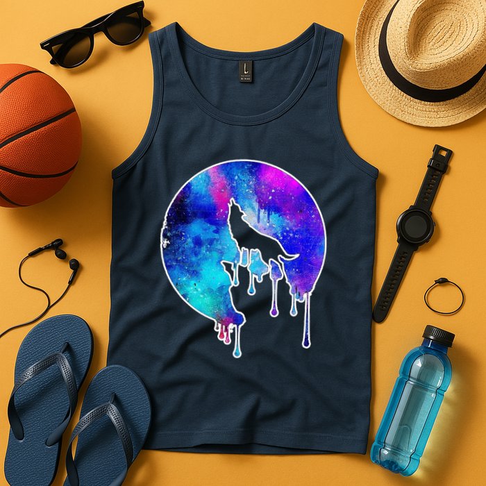 Tie Die Colorful Wolf Howling Dripping Moon  Tank Top