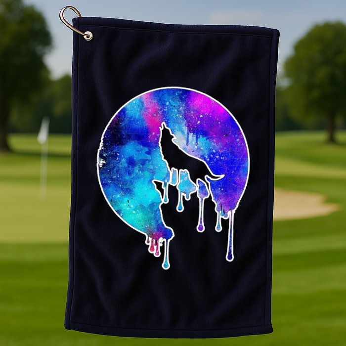 Tie Die Colorful Wolf Howling Dripping Moon  Golf Towel
