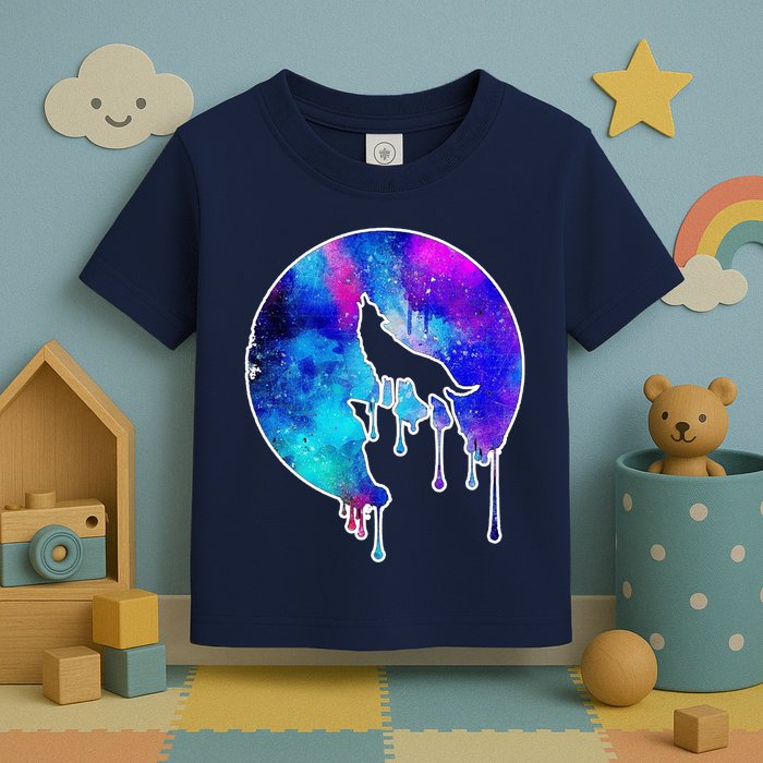 Tie Die Colorful Wolf Howling Dripping Moon  Toddler T-Shirt
