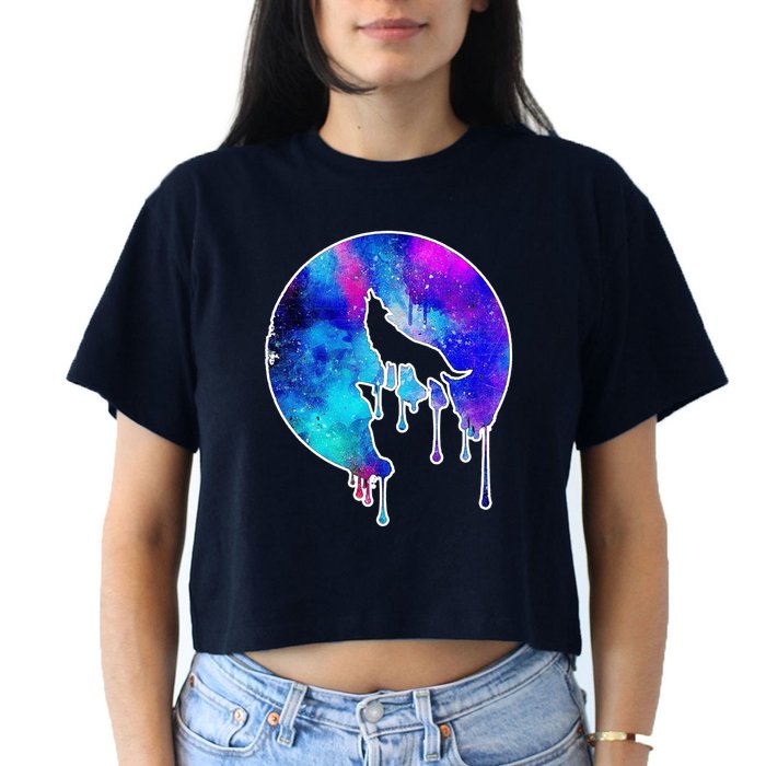 Tie Die Colorful Wolf Howling Dripping Moon  Crop Top
