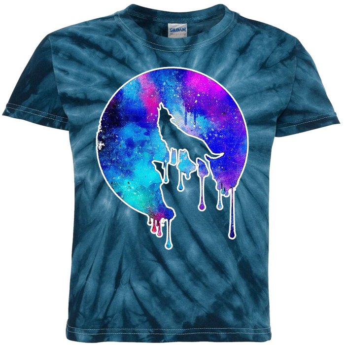 Tie Die Colorful Wolf Howling Dripping Moon  Kids Tie-Dye T-Shirt