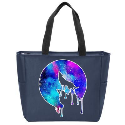 Tie Die Colorful Wolf Howling Dripping Moon  Zip Tote Bag