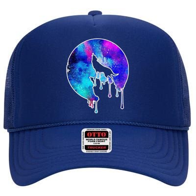 Tie Die Colorful Wolf Howling Dripping Moon  High Crown Mesh Back Trucker Hat