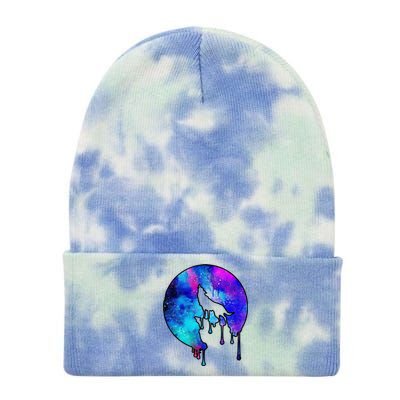 Tie Die Colorful Wolf Howling Dripping Moon  Tie Dye 12in Knit Beanie