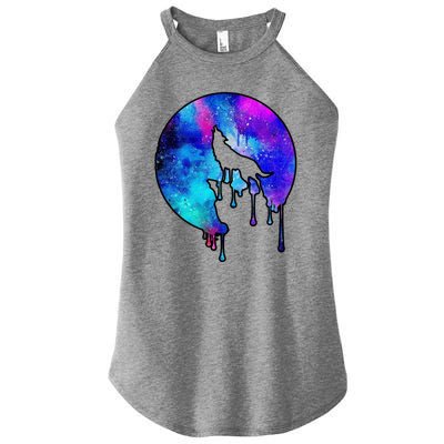 Tie Die Colorful Wolf Howling Dripping Moon  Women’s Perfect Tri Rocker Tank