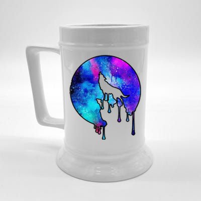 Tie Die Colorful Wolf Howling Dripping Moon  Beer Stein