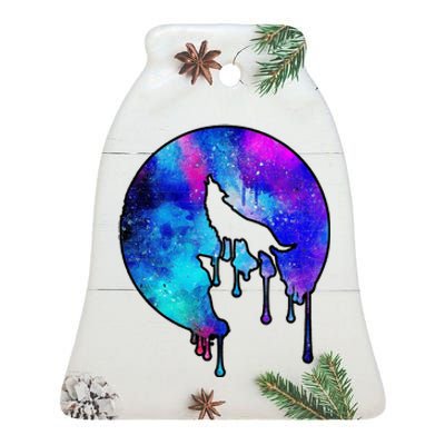 Tie Die Colorful Wolf Howling Dripping Moon  Ceramic Bell Ornament