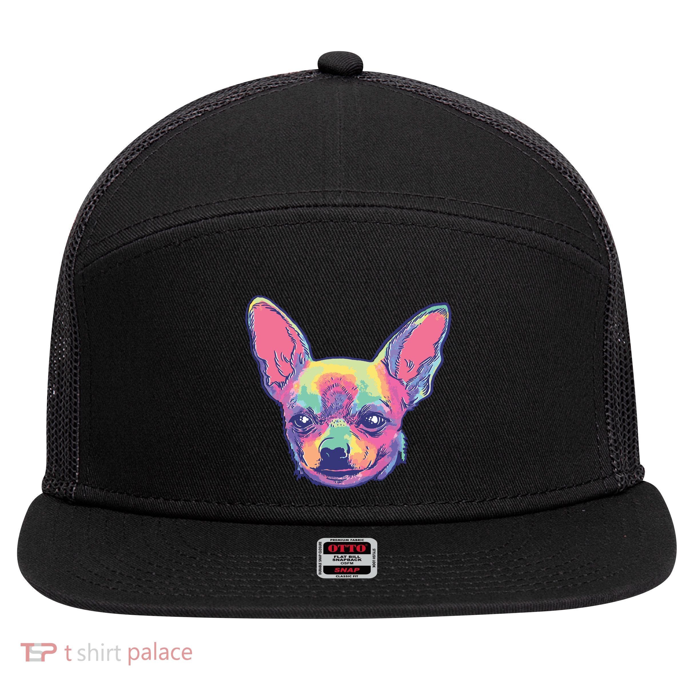 Tie Dye Chihuahua 7 Panel Mesh Trucker Snapback Hat