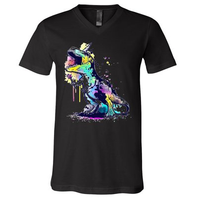 Tie Dye Colorful Trex Dinosaur V-Neck T-Shirt