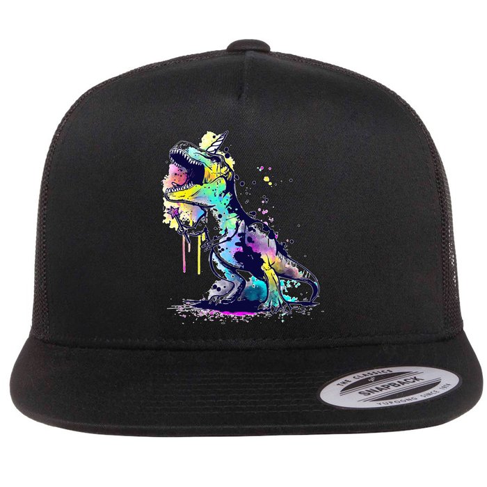 Tie Dye Colorful Trex Dinosaur Flat Bill Trucker Hat