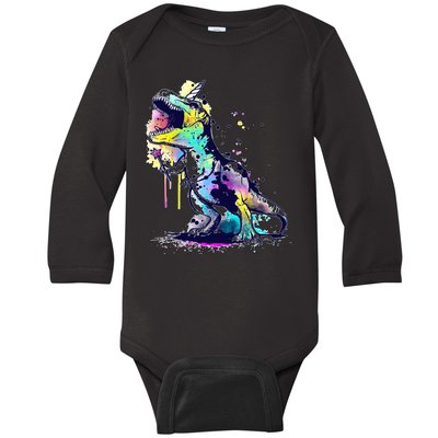 Tie Dye Colorful Trex Dinosaur Baby Long Sleeve Bodysuit