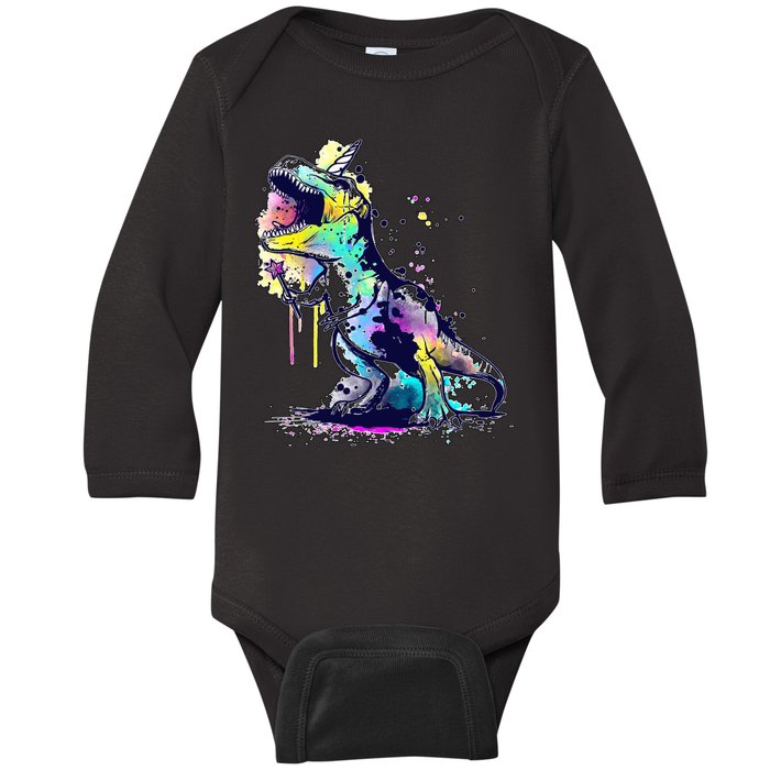 Tie Dye Colorful Trex Dinosaur Baby Long Sleeve Bodysuit