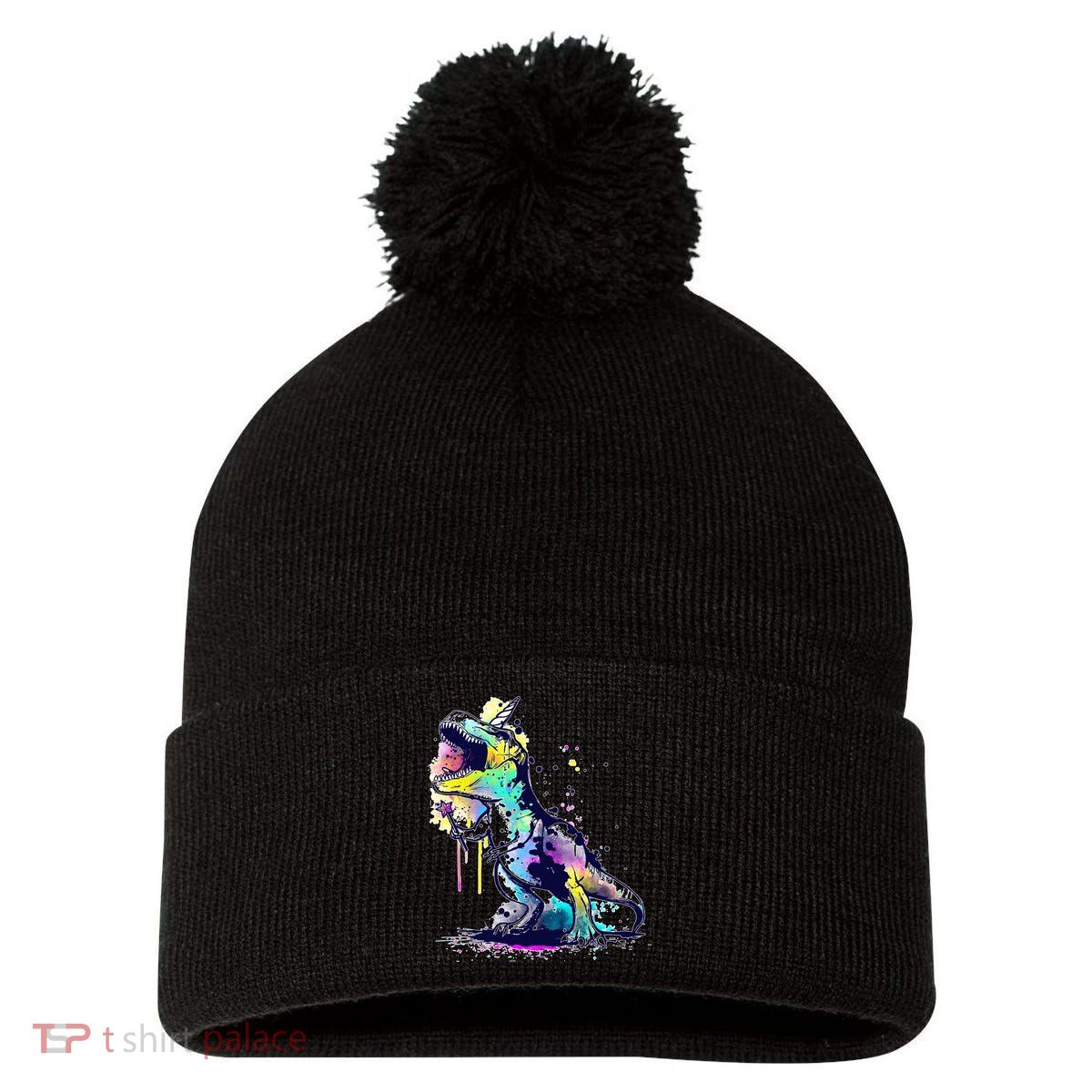 Tie Dye Colorful Trex Dinosaur Pom Pom 12in Knit Beanie