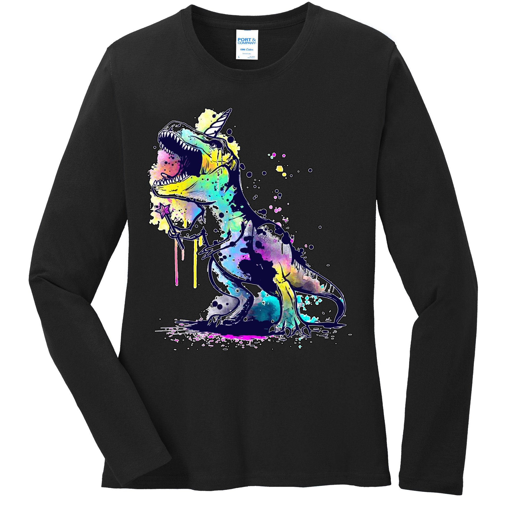 Tie Dye Colorful Trex Dinosaur Ladies Long Sleeve Shirt