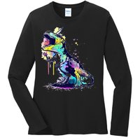 Tie Dye Colorful Trex Dinosaur Ladies Long Sleeve Shirt