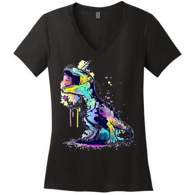 Tie Dye Colorful Trex Dinosaur Women's V-Neck T-Shirt