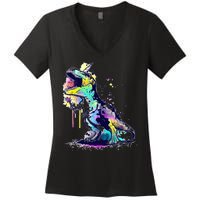 Tie Dye Colorful Trex Dinosaur Women's V-Neck T-Shirt