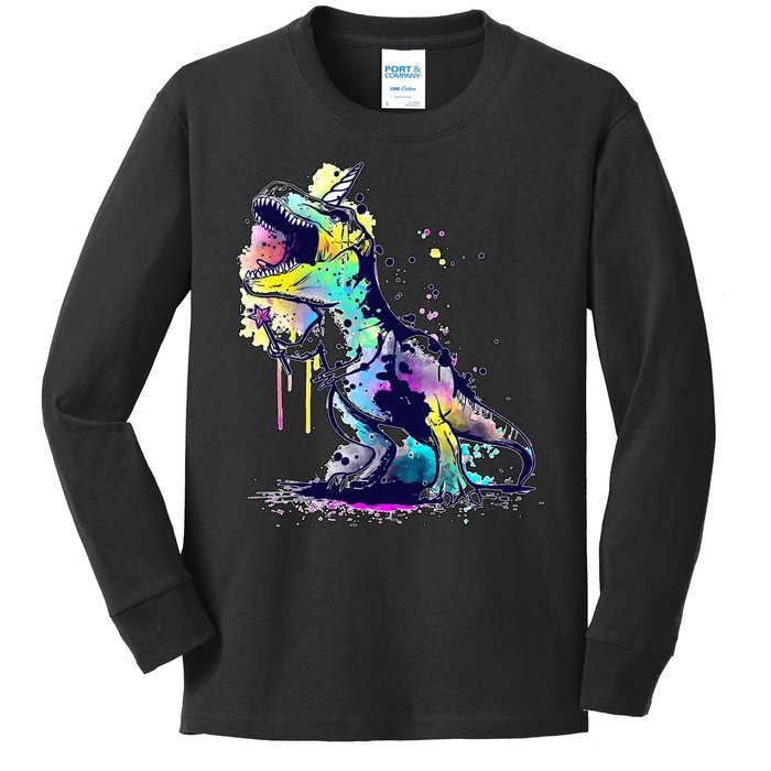 Tie Dye Colorful Trex Dinosaur Kids Long Sleeve Shirt