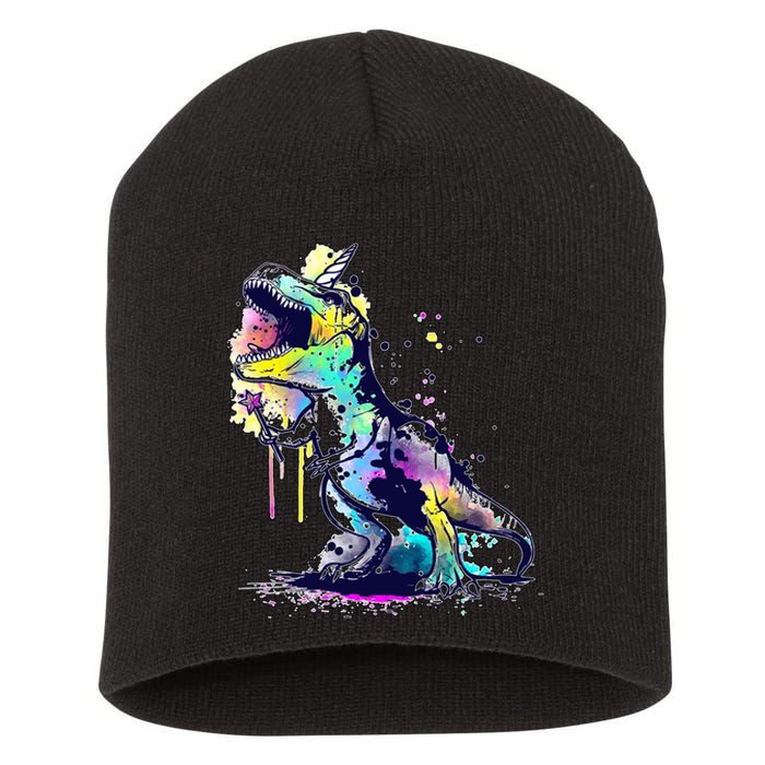 Tie Dye Colorful Trex Dinosaur Short Acrylic Beanie