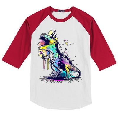 Tie Dye Colorful Trex Dinosaur Kids Colorblock Raglan Jersey