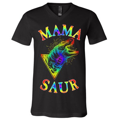 Tie Dye Mama Saur Mamasaurus T-Rex Dinosaur V-Neck T-Shirt