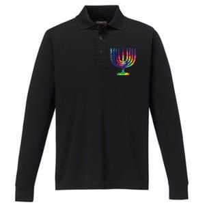 Tie Dye Menorah Hanukkah Chanukah Performance Long Sleeve Polo