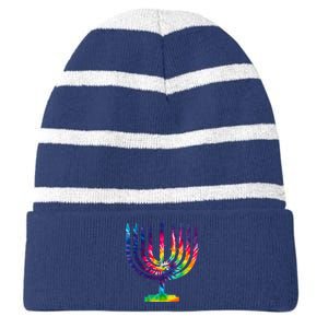 Tie Dye Menorah Hanukkah Chanukah Striped Beanie with Solid Band