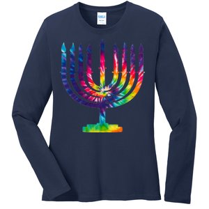 Tie Dye Menorah Hanukkah Chanukah Ladies Long Sleeve Shirt