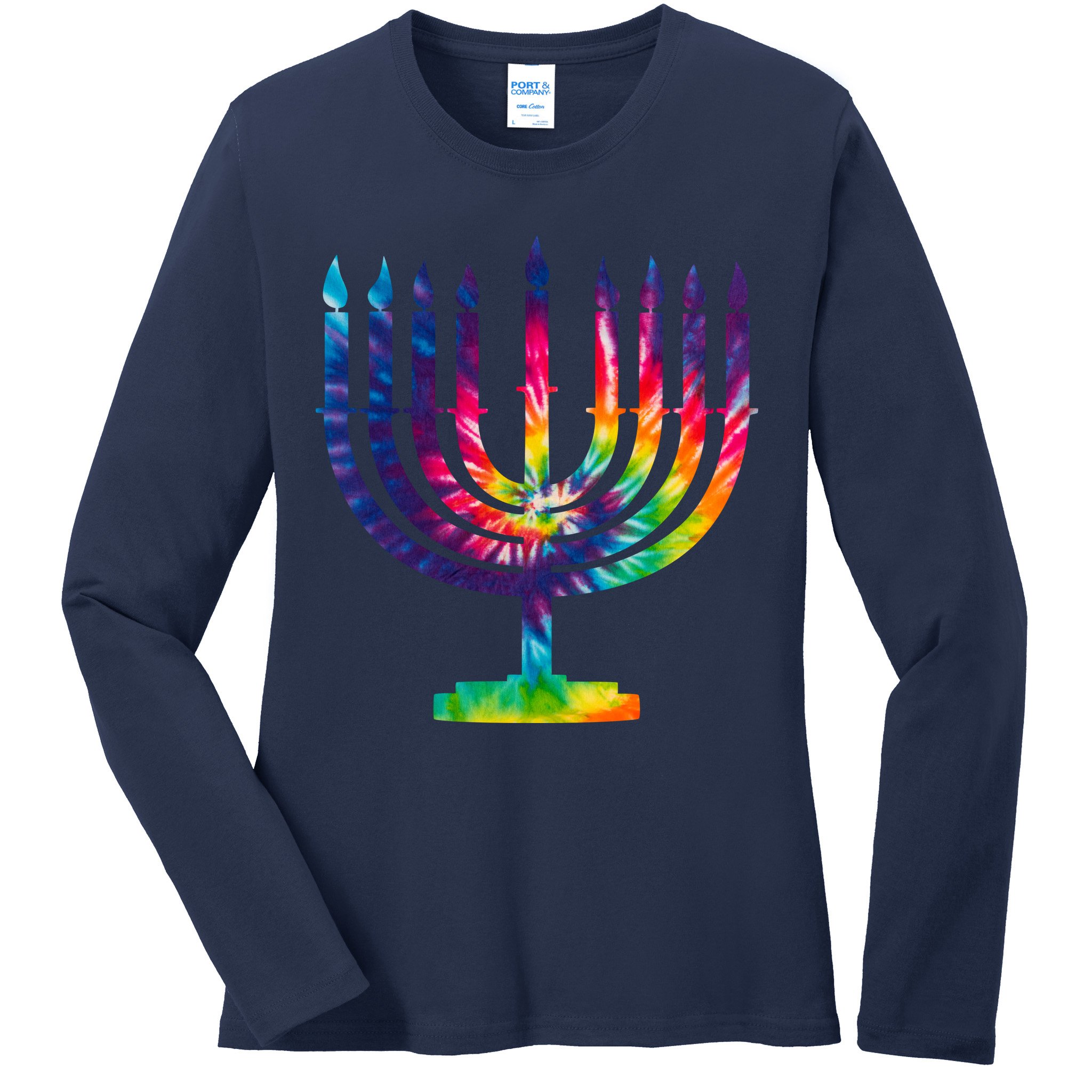 Tie Dye Menorah Hanukkah Chanukah Ladies Long Sleeve Shirt