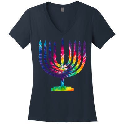 Tie Dye Menorah Hanukkah Chanukah Women's V-Neck T-Shirt