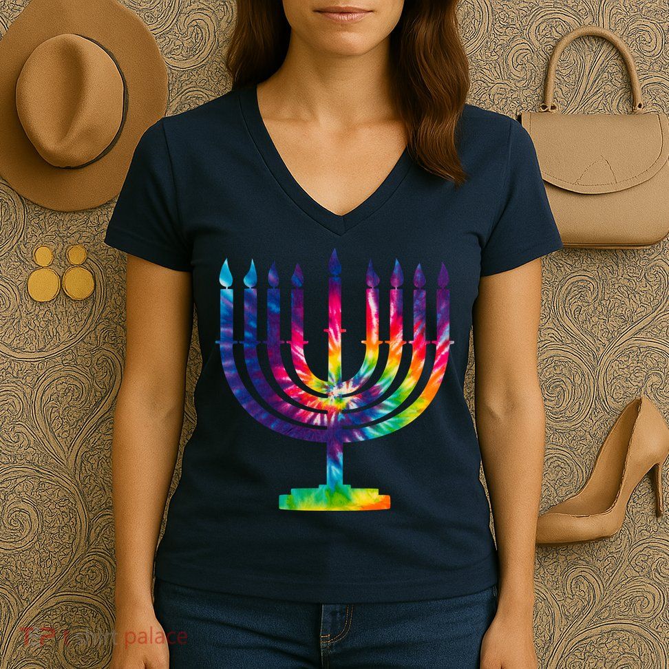 Tie Dye Menorah Hanukkah Chanukah Women's V-Neck T-Shirt