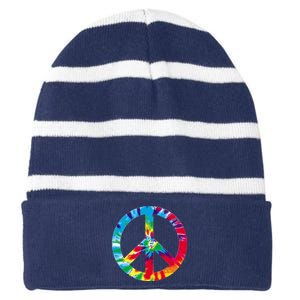 Tie Dye Peace Sign Striped Beanie with Solid Band