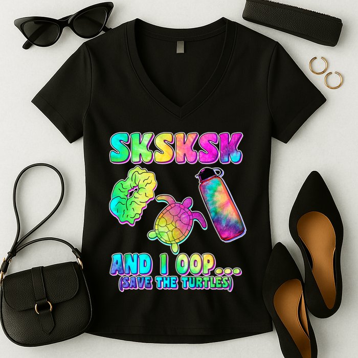 Tie Dye SKSKSK and I OOP Save the Turtles Women's V-Neck T-Shirt
