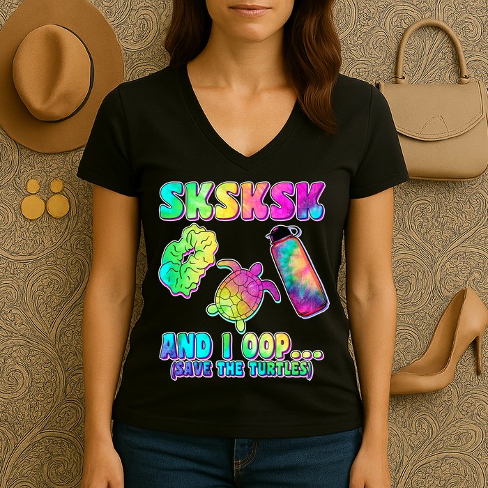 Tie Dye SKSKSK and I OOP Save the Turtles Women's V-Neck T-Shirt