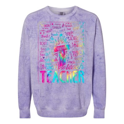 Tie Dye Teacher Typography Word Art Colorblast Crewneck Sweatshirt