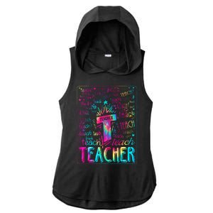 Tie Dye Teacher Typography Word Art Ladies PosiCharge Tri-Blend Wicking Draft Hoodie Tank