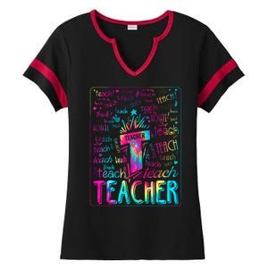 Tie Dye Teacher Typography Word Art Ladies Halftime Notch Neck Tee