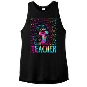 Tie Dye Teacher Typography Word Art Ladies PosiCharge Tri-Blend Wicking Tank