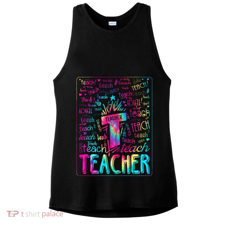 Tie Dye Teacher Typography Word Art Ladies PosiCharge Tri-Blend Wicking Tank