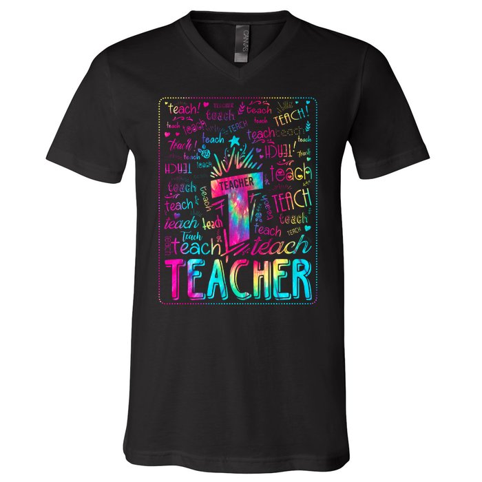 Tie Dye Teacher Typography Word Art V-Neck T-Shirt