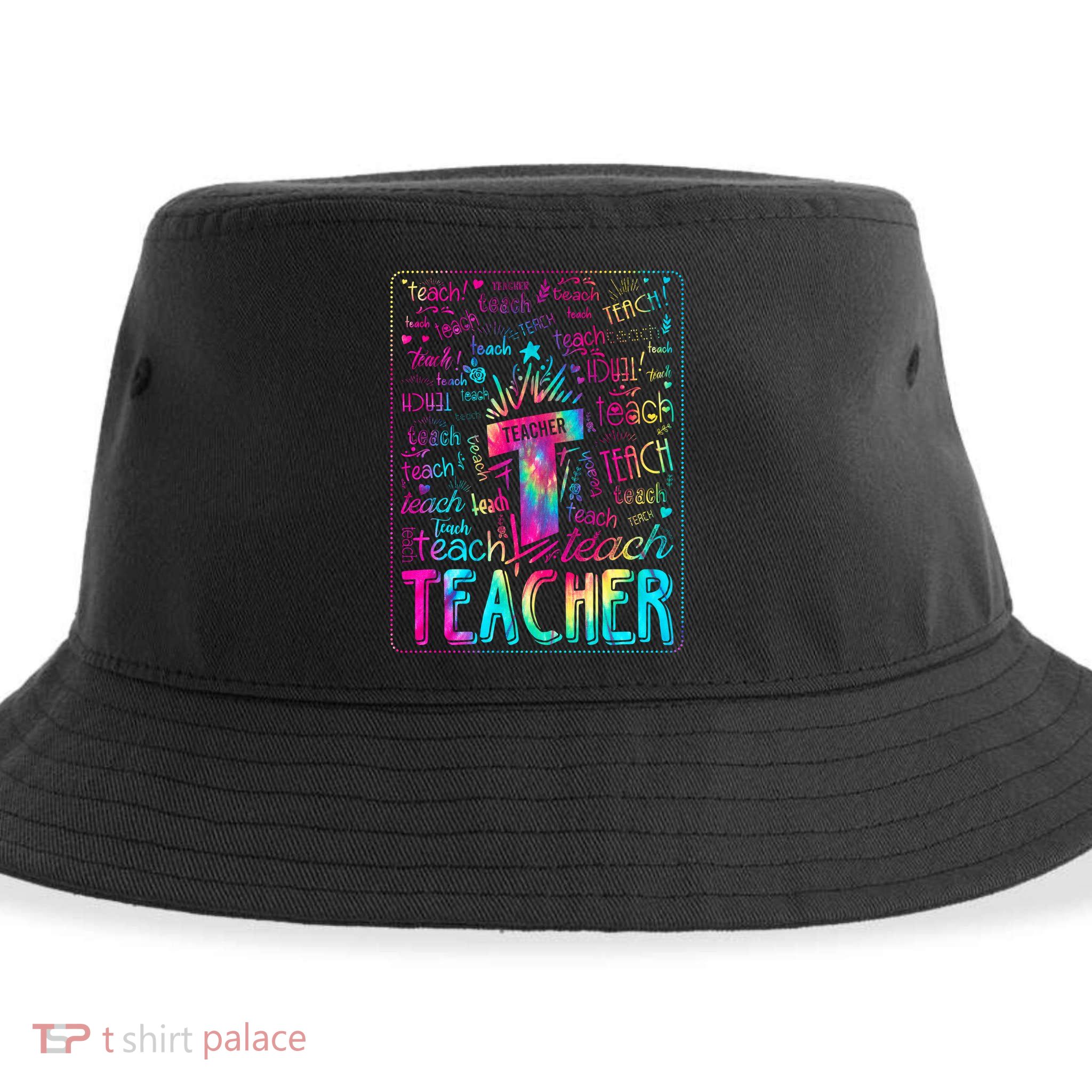 Tie Dye Teacher Typography Word Art Sustainable Bucket Hat