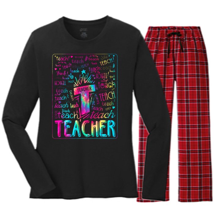 Tie Dye Teacher Typography Word Art Women's Long Sleeve Flannel Pajama Set 