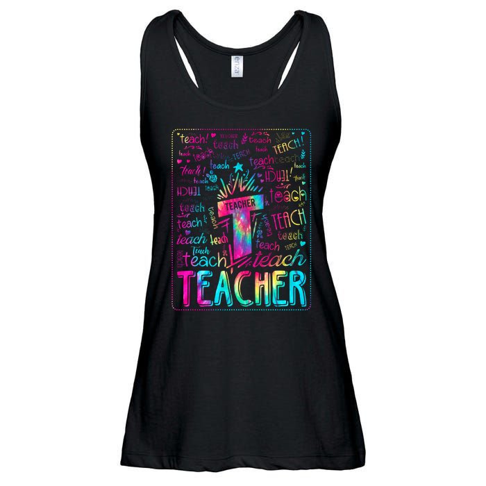 Tie Dye Teacher Typography Word Art Ladies Essential Flowy Tank