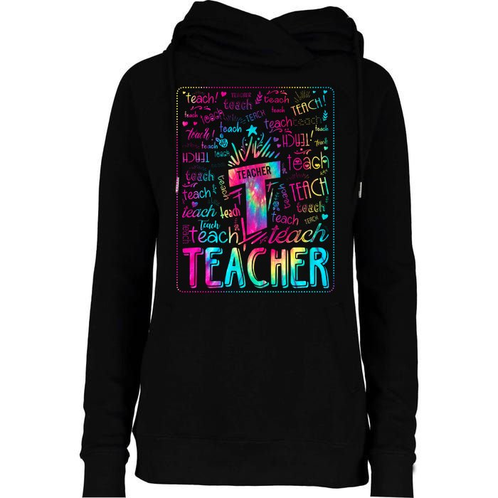 Tie Dye Teacher Typography Word Art Womens Funnel Neck Pullover Hood