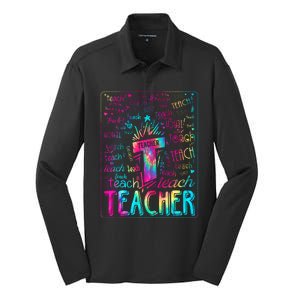 Tie Dye Teacher Typography Word Art Silk Touch Performance Long Sleeve Polo