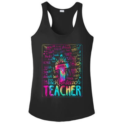 Tie Dye Teacher Typography Word Art Ladies PosiCharge Competitor Racerback Tank