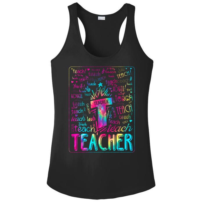 Tie Dye Teacher Typography Word Art Ladies PosiCharge Competitor Racerback Tank