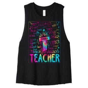 Tie Dye Teacher Typography Word Art Women's Racerback Cropped Tank