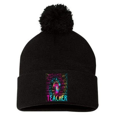 Tie Dye Teacher Typography Word Art Pom Pom 12in Knit Beanie