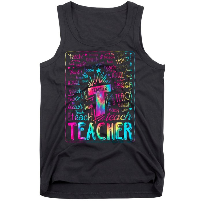 Tie Dye Teacher Typography Word Art Tank Top